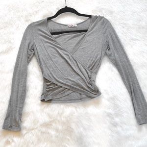 Long Sleeve Wrap Gray Crop Top S